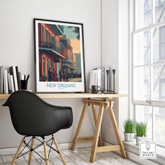 New Orleans Canvas Print | Musical Heritage Cityscape Poster displayed in a stylish interior setting with a modern desk and chair.