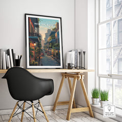 New Orleans Wall Art Print | Historic French Quarter Travel Poster displayed in a stylish interior setting.