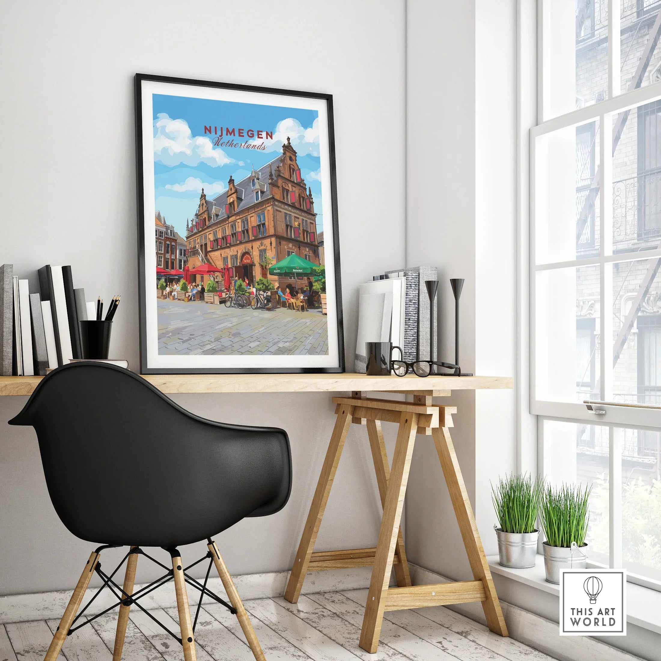 Nijmegen Netherlands city poster in black frame on modern office desk, bright interior decor.