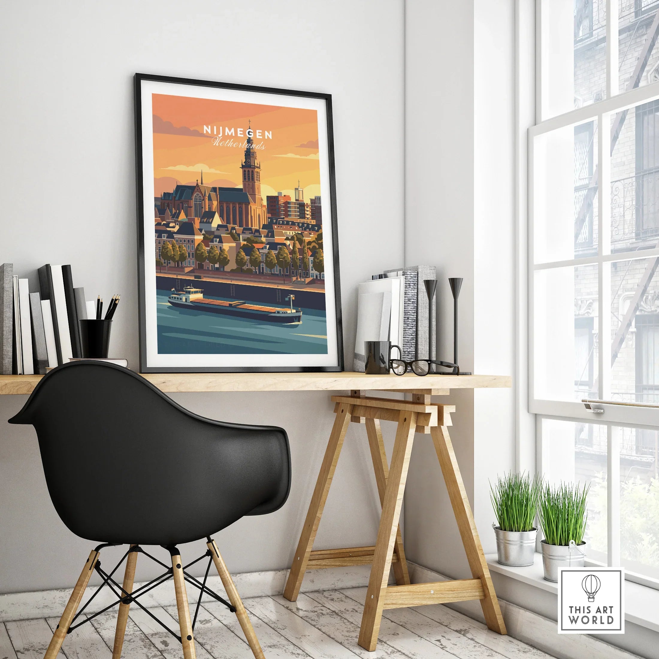 Framed Nijmegen city poster on modern office desk by window, travel wall art decor