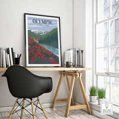 Olympic National Park travel poster in black frame on modern office desk, home decor