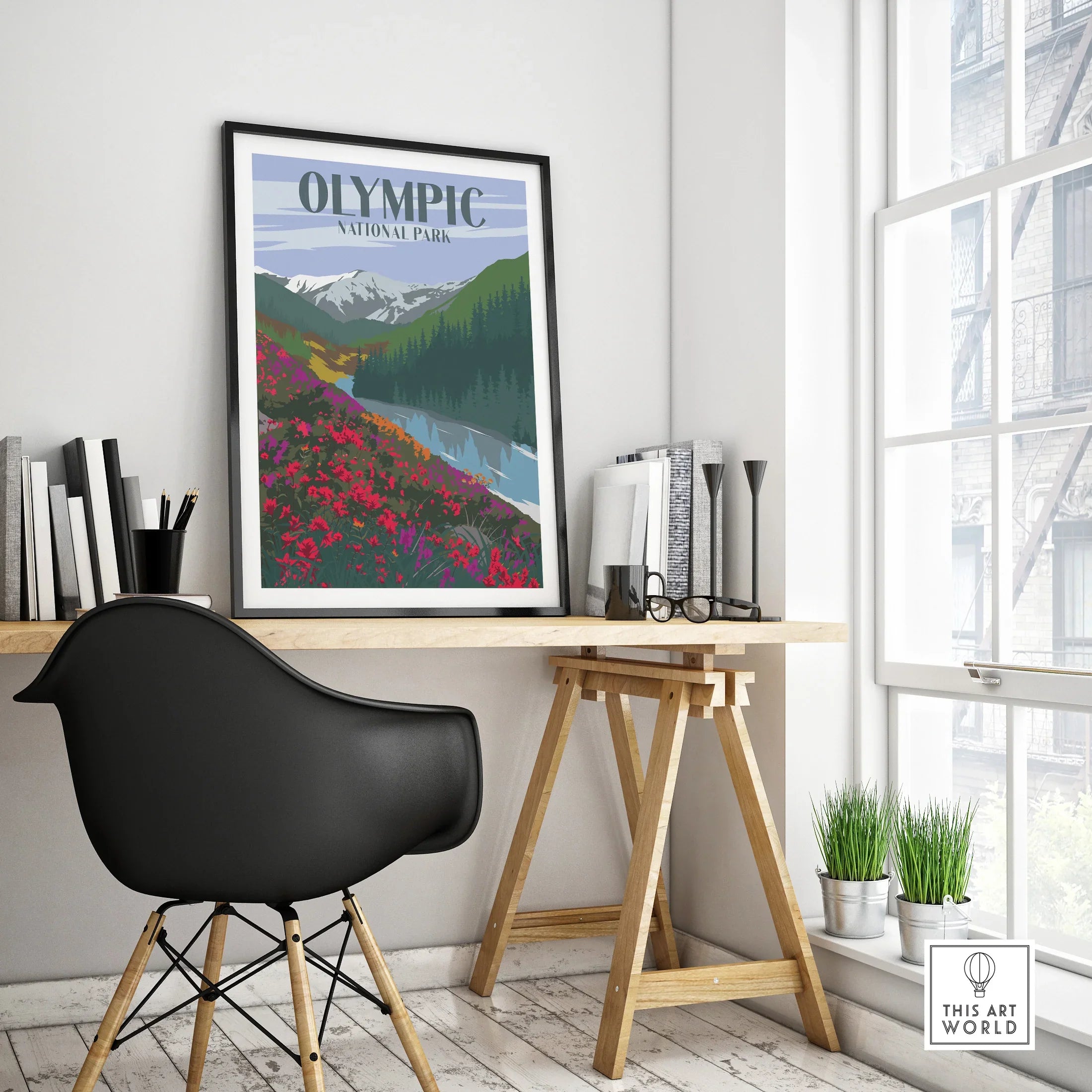 Olympic National Park travel poster in black frame on modern office desk, home decor