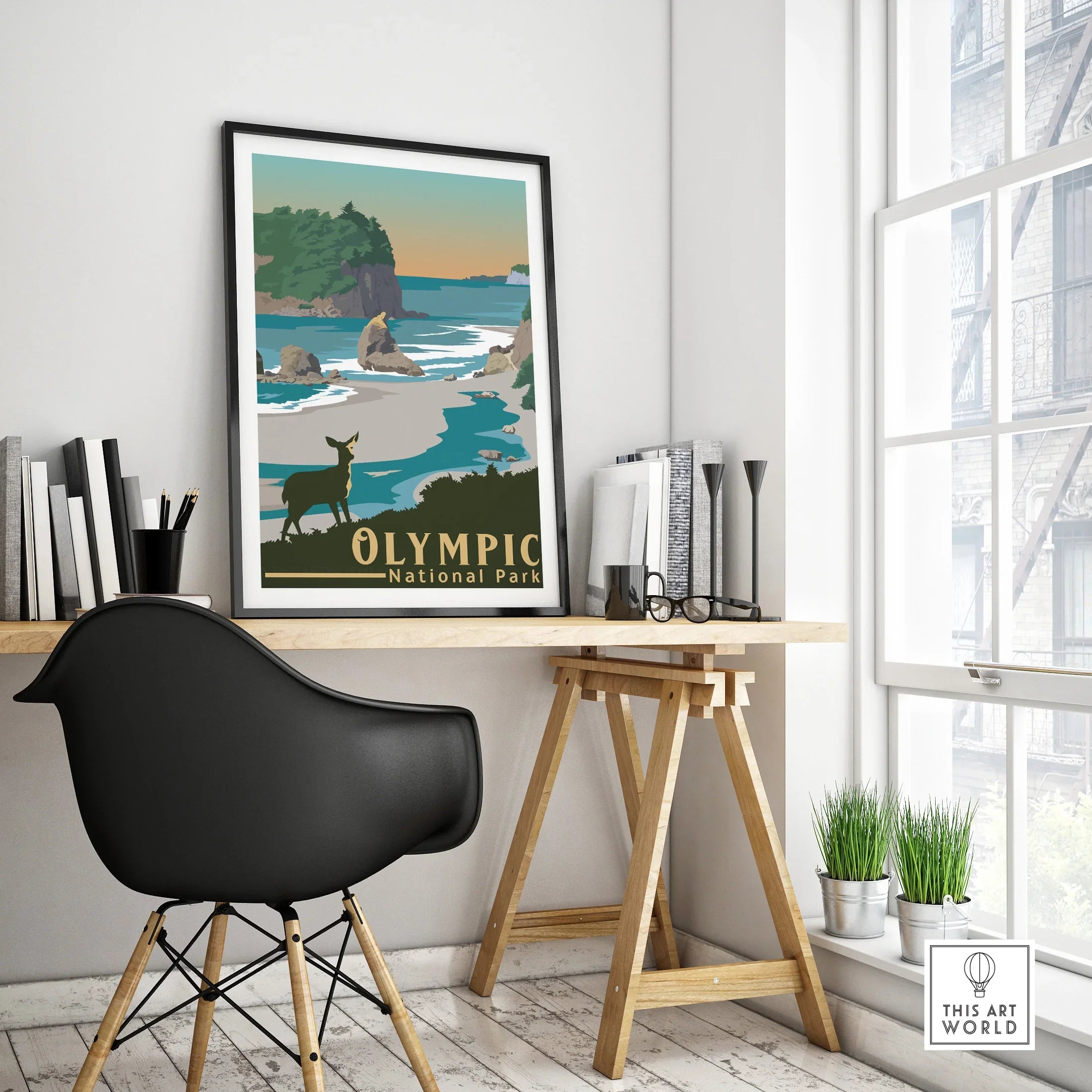 Framed Olympic National Park travel poster on modern office desk, landscape wall art decor