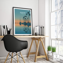 Oxnard California Wall Art Print | Sunset Harbor & Sailboats Travel Poster in a modern home office setting