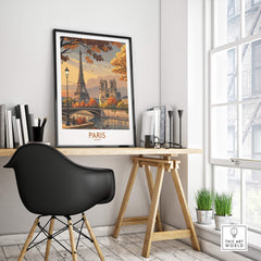 Paris France Autumn Seine River Art Print | Eiffel Tower and Notre Dame Poster displayed in a stylish modern interior.