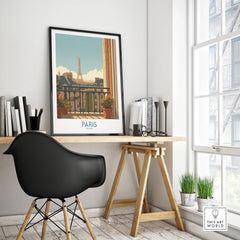 Framed Paris travel poster on modern office desk with decor and black chair