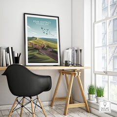 Peak District National Park framed travel poster on modern office desk, minimalist decor
