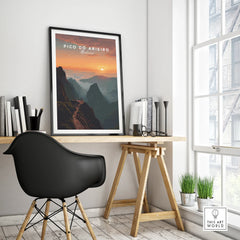 Framed Pico do Arieiro Madeira travel poster on modern office desk, minimalist decor
