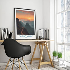 Framed Pico do Arieiro travel poster on modern office desk with chair and sunlight