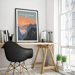 Pico do Arieiro Madeira travel poster in black frame on modern office desk by window