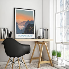 Framed Pico do Arieiro travel poster on modern office desk, minimalist home decor