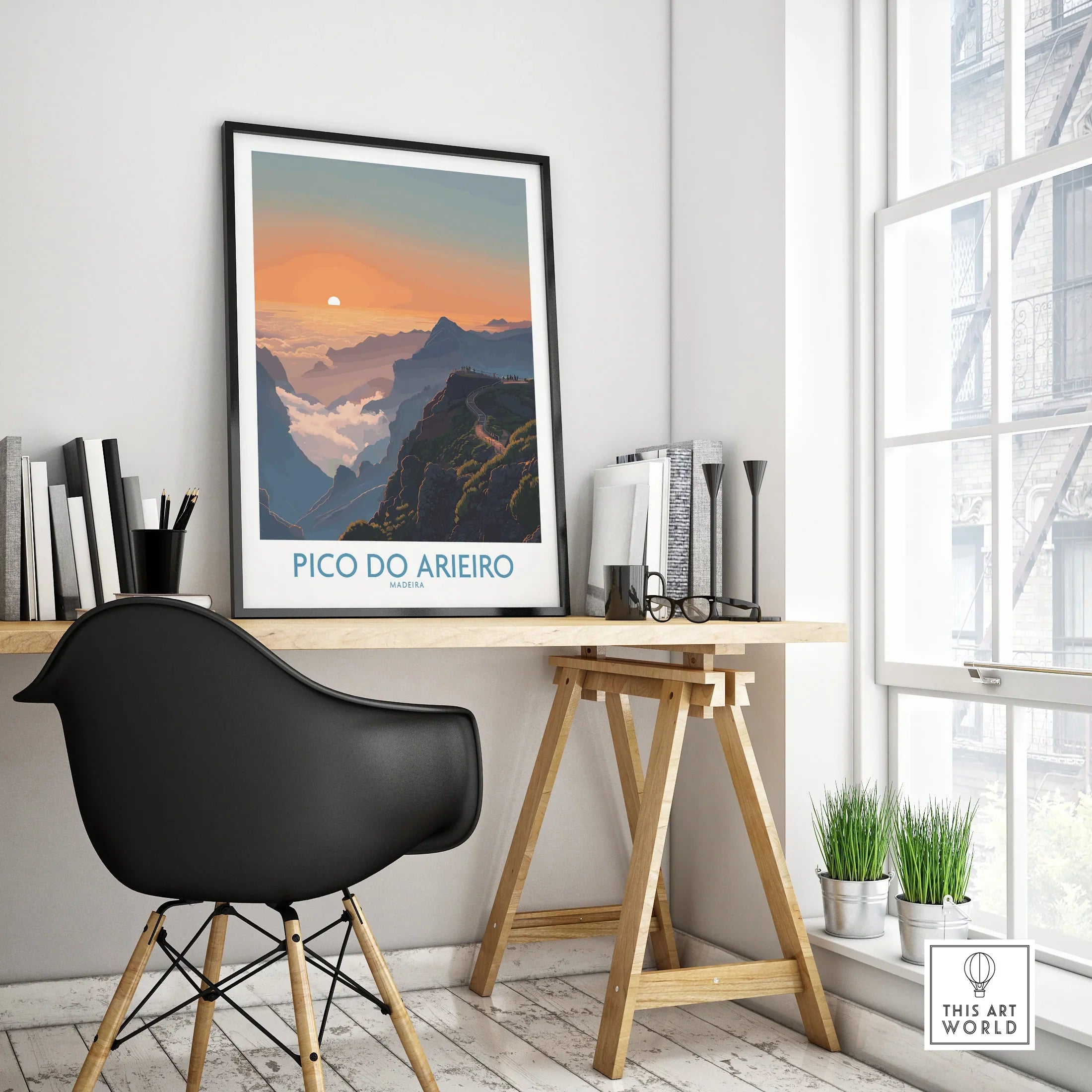 Framed Pico do Arieiro travel poster on modern office desk, minimalist home decor
