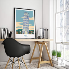 Pisa Wall Art Print | Italy Travel Poster displayed in a stylish workspace with modern decor.