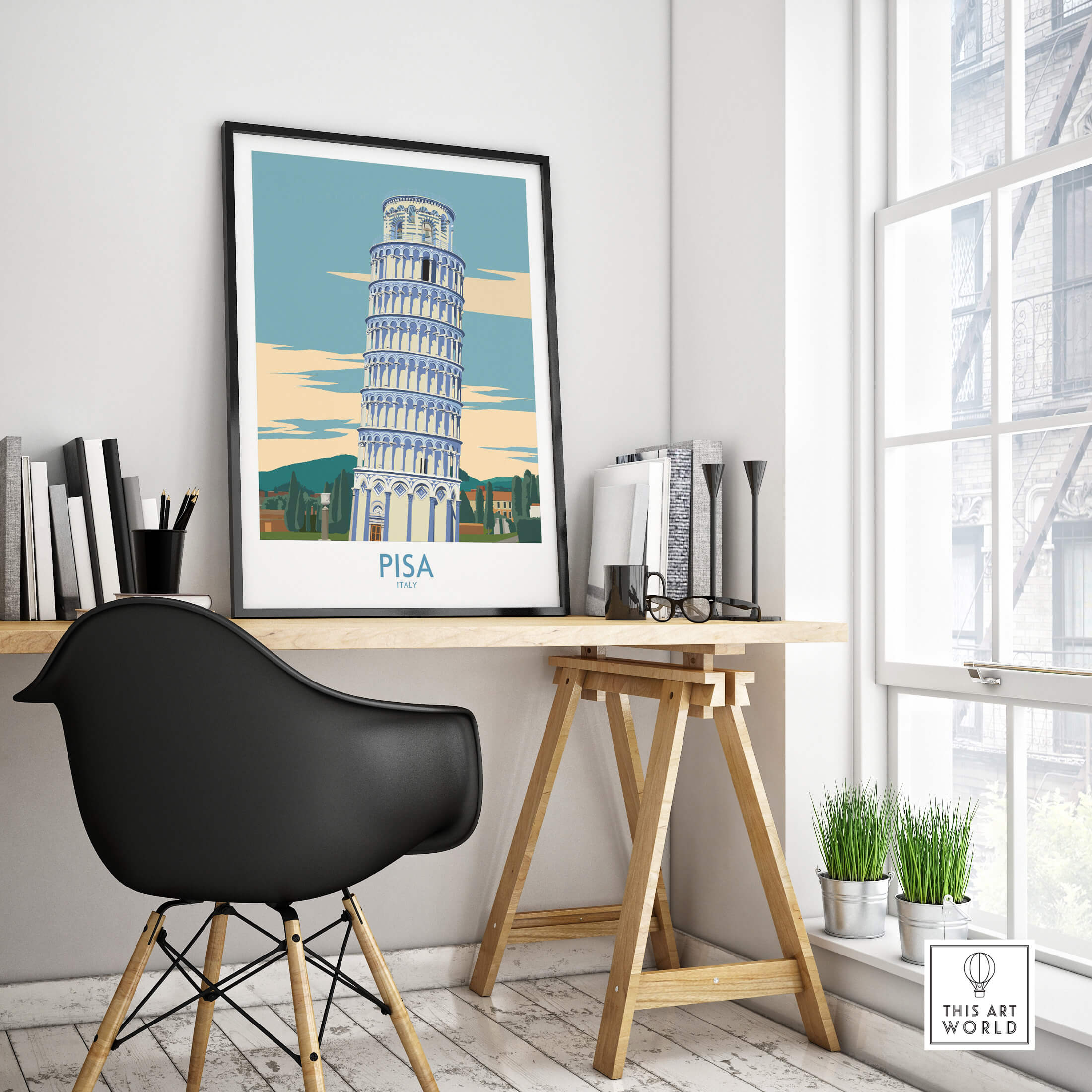 Pisa Wall Art Print | Italy Travel Poster displayed in a stylish workspace with modern decor.