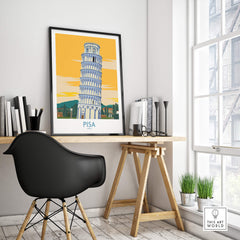 Pisa Tower Italy Print displayed in a stylish office space with modern decor and beautiful lighting.