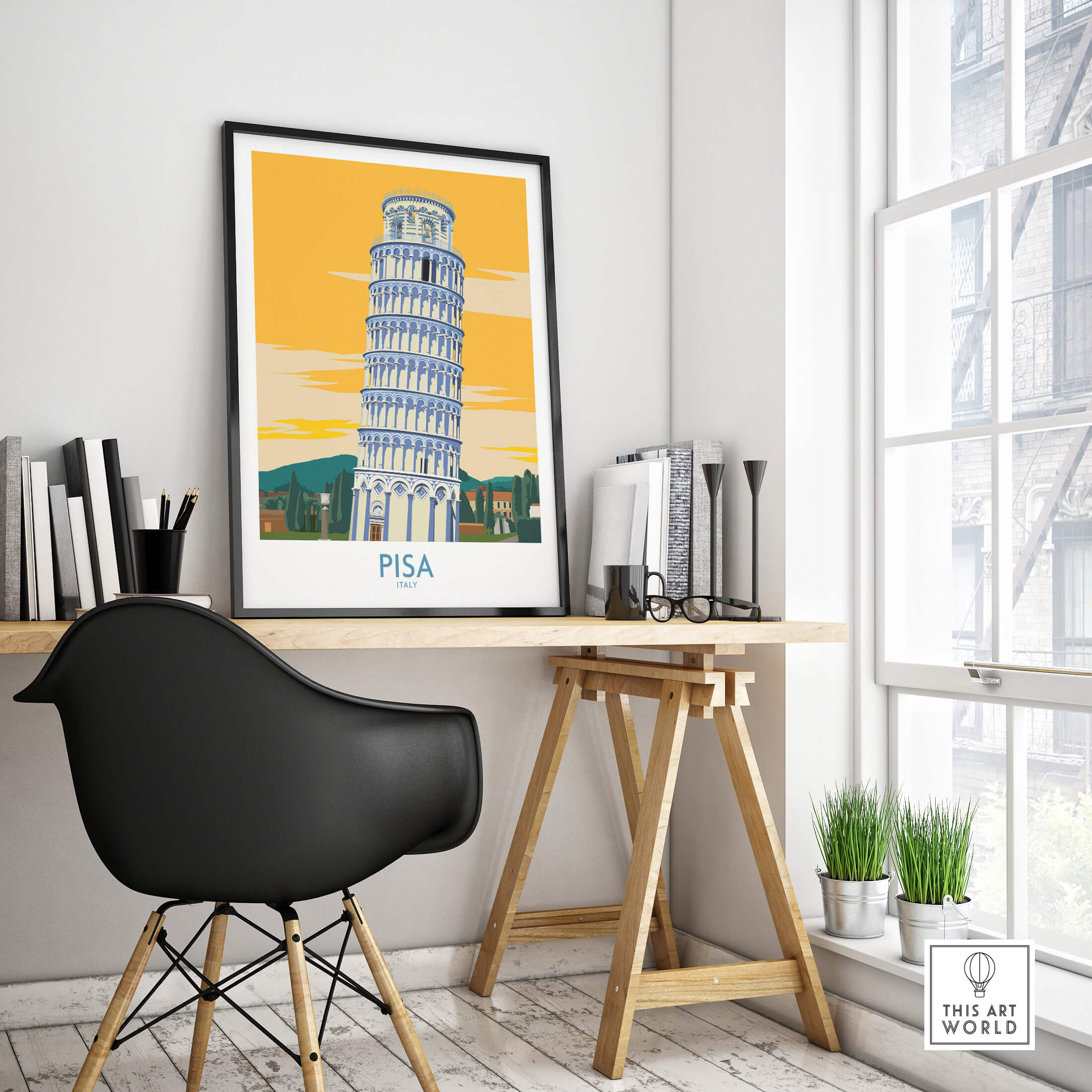 Pisa Tower Italy Print displayed in a stylish office space with modern decor and beautiful lighting.