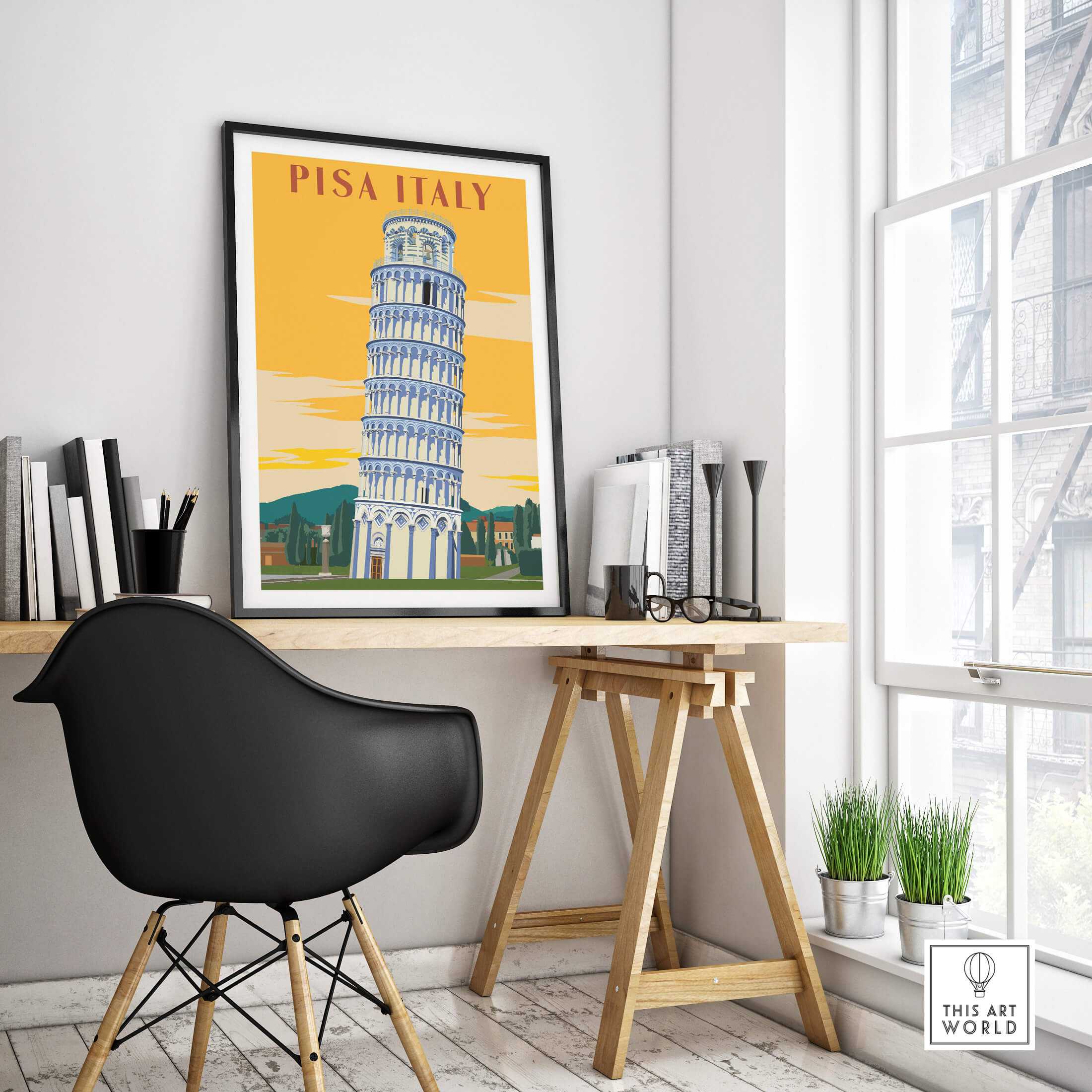 Pisa Tower Print Poster Italy Wall Art in a stylish home office setting, adding a vintage touch to the decor.