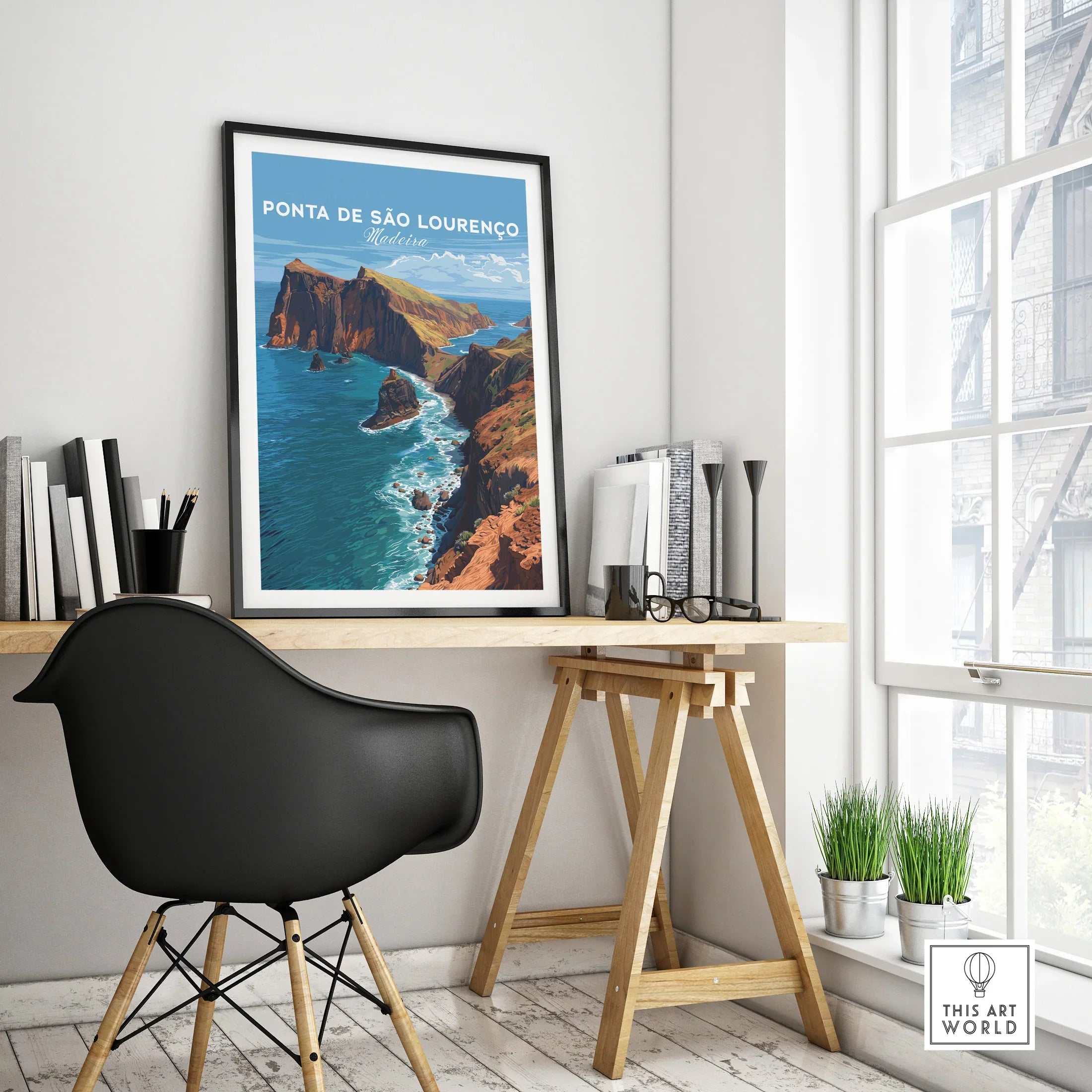 Framed Ponta de São Lourenço Madeira travel poster on modern office desk by window