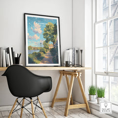 Richmond London travel poster in black frame on modern office desk by window
