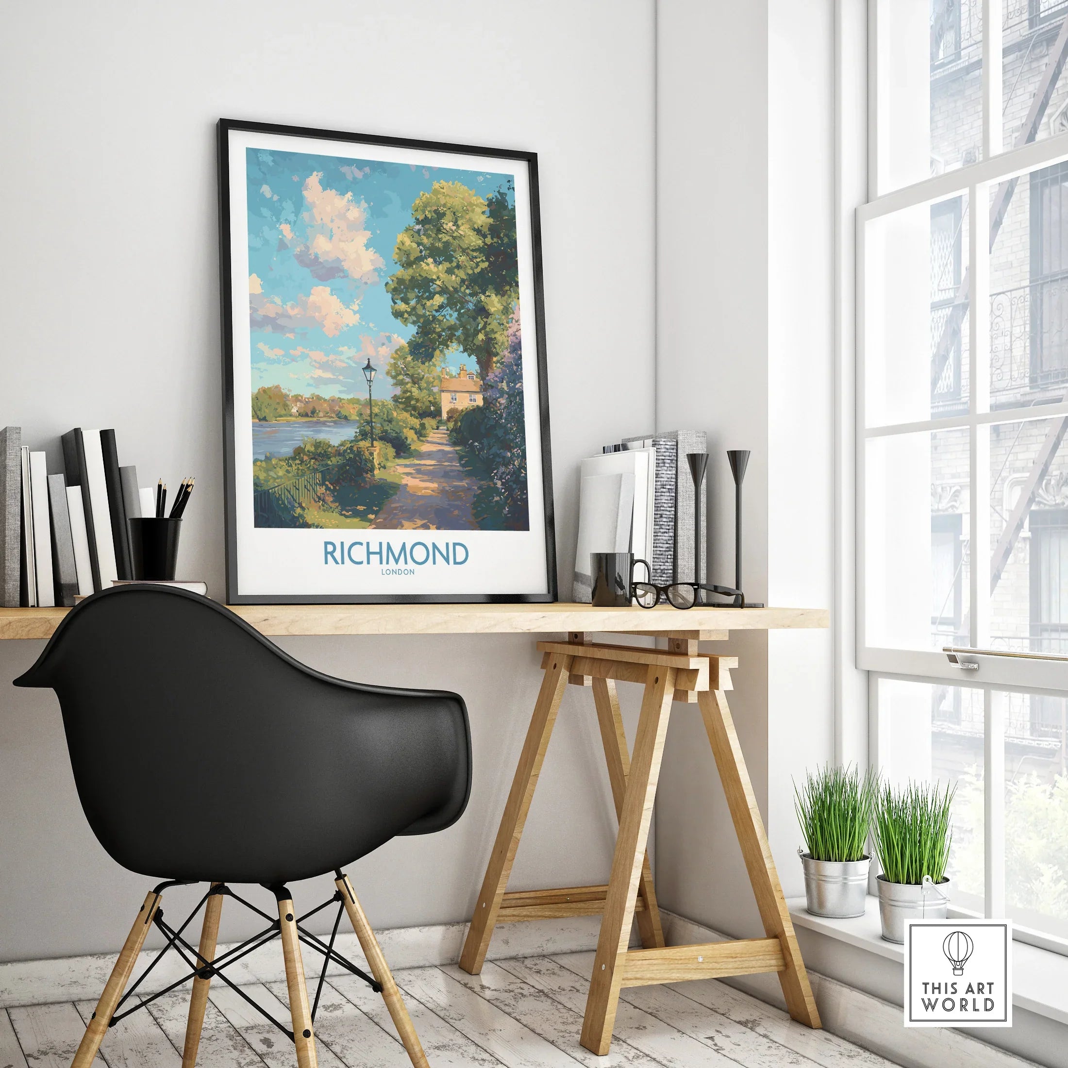 Richmond travel poster with black frame on modern office desk, city wall art decor