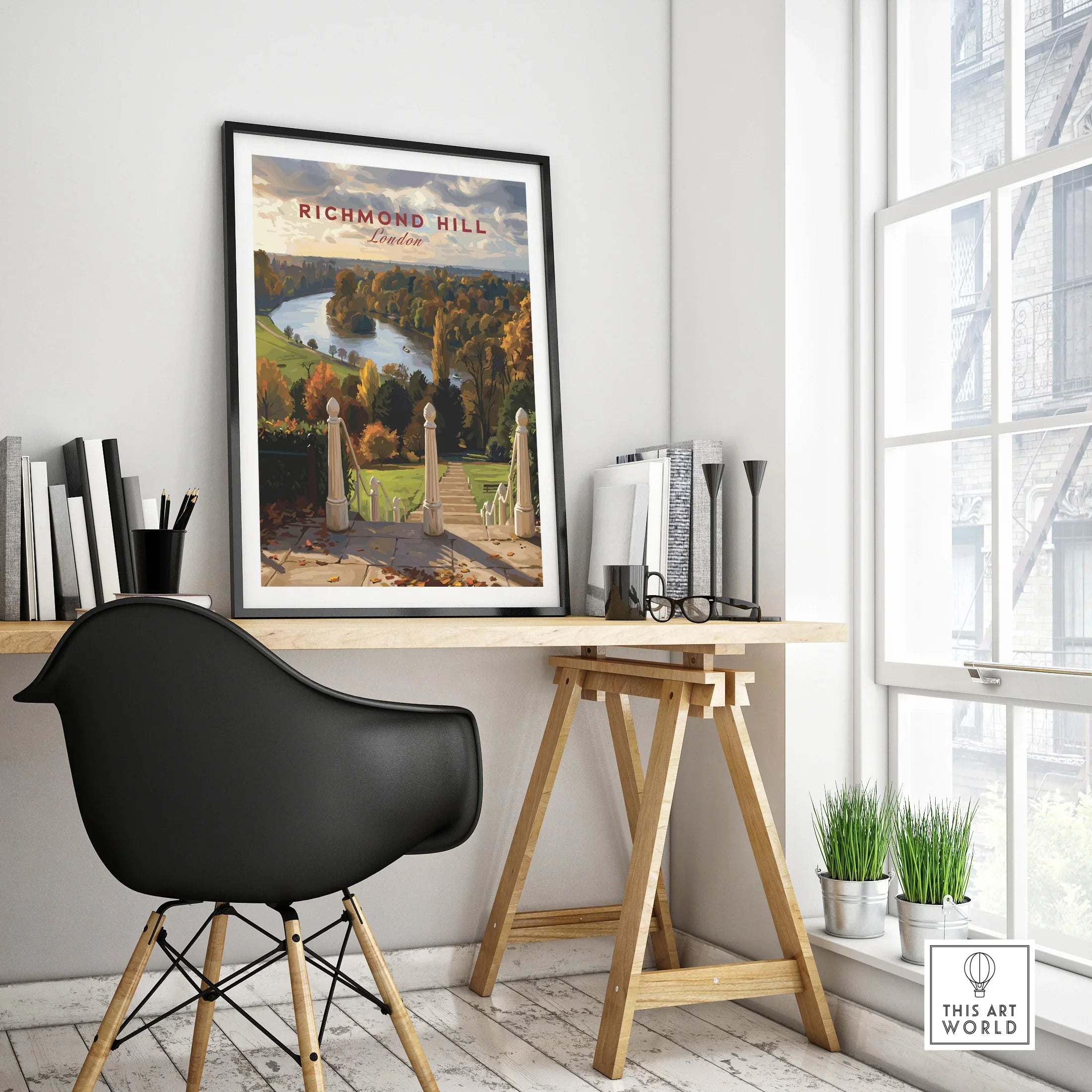 Richmond Hill London travel poster in black frame on modern office desk, city wall art decor