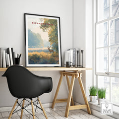 Richmond Park travel poster in black frame on modern office desk with decor accents