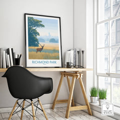 Richmond Park travel poster in black frame on modern office desk near window