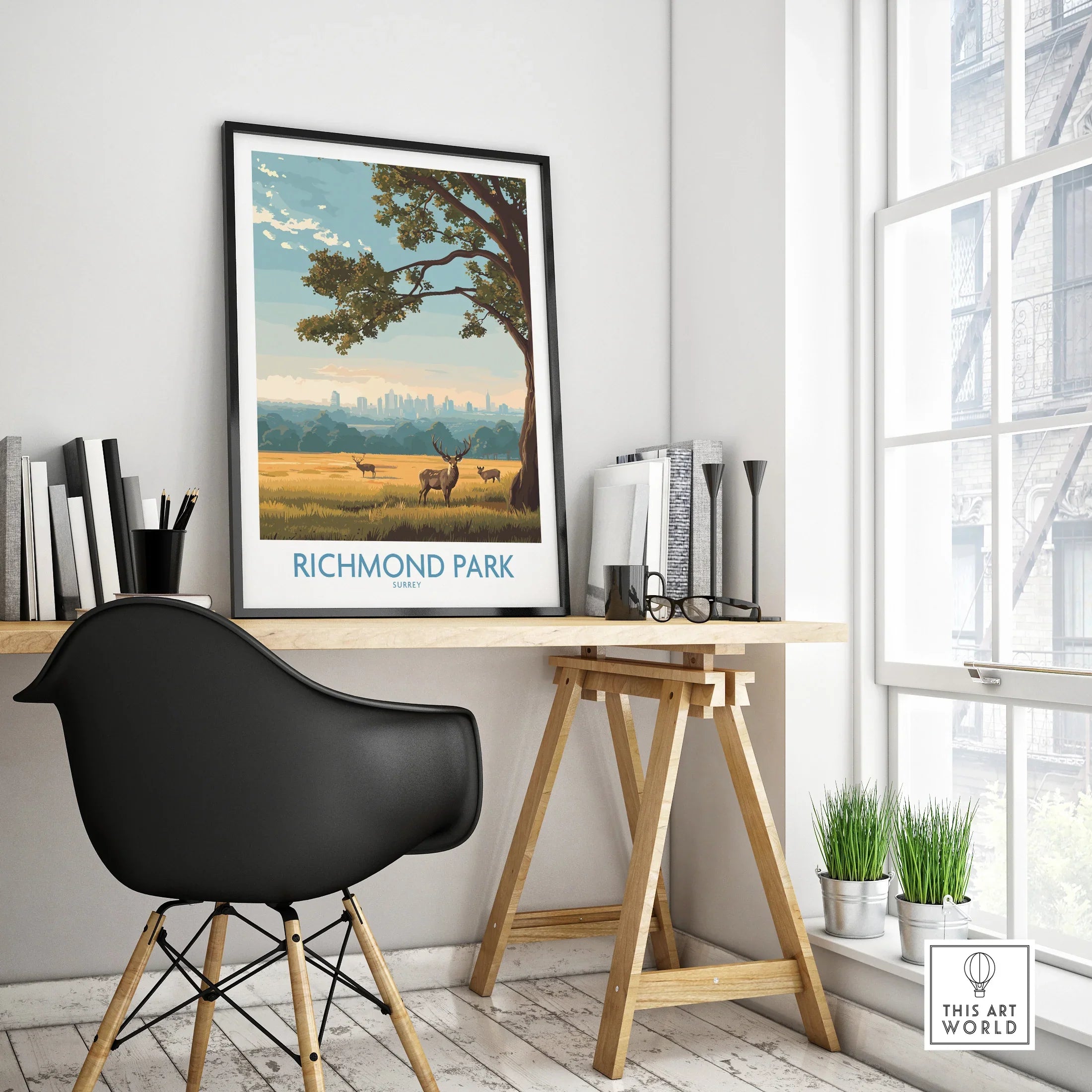 Richmond Park travel poster in black frame on modern office desk, city skyline art decor