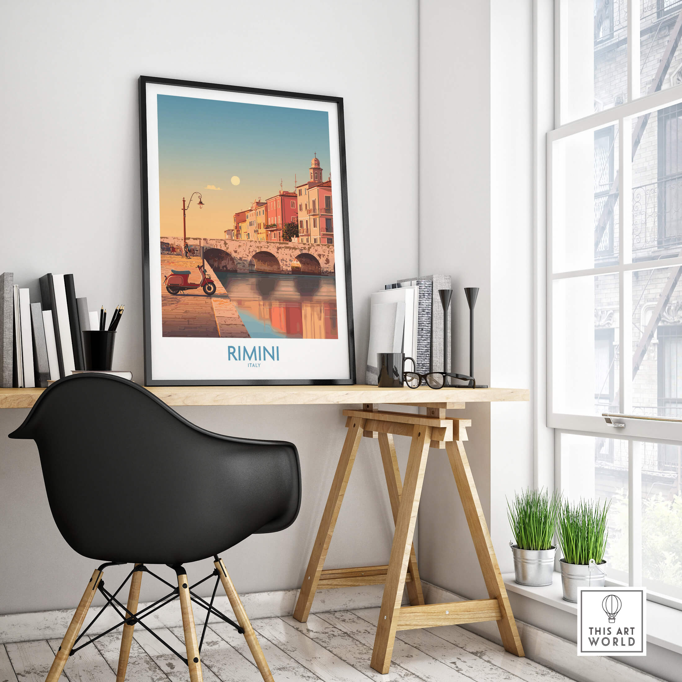 Rimini Italy Poster | Vintage Vespa & Historic Bridge Canvas Print displayed in a modern home office setting.