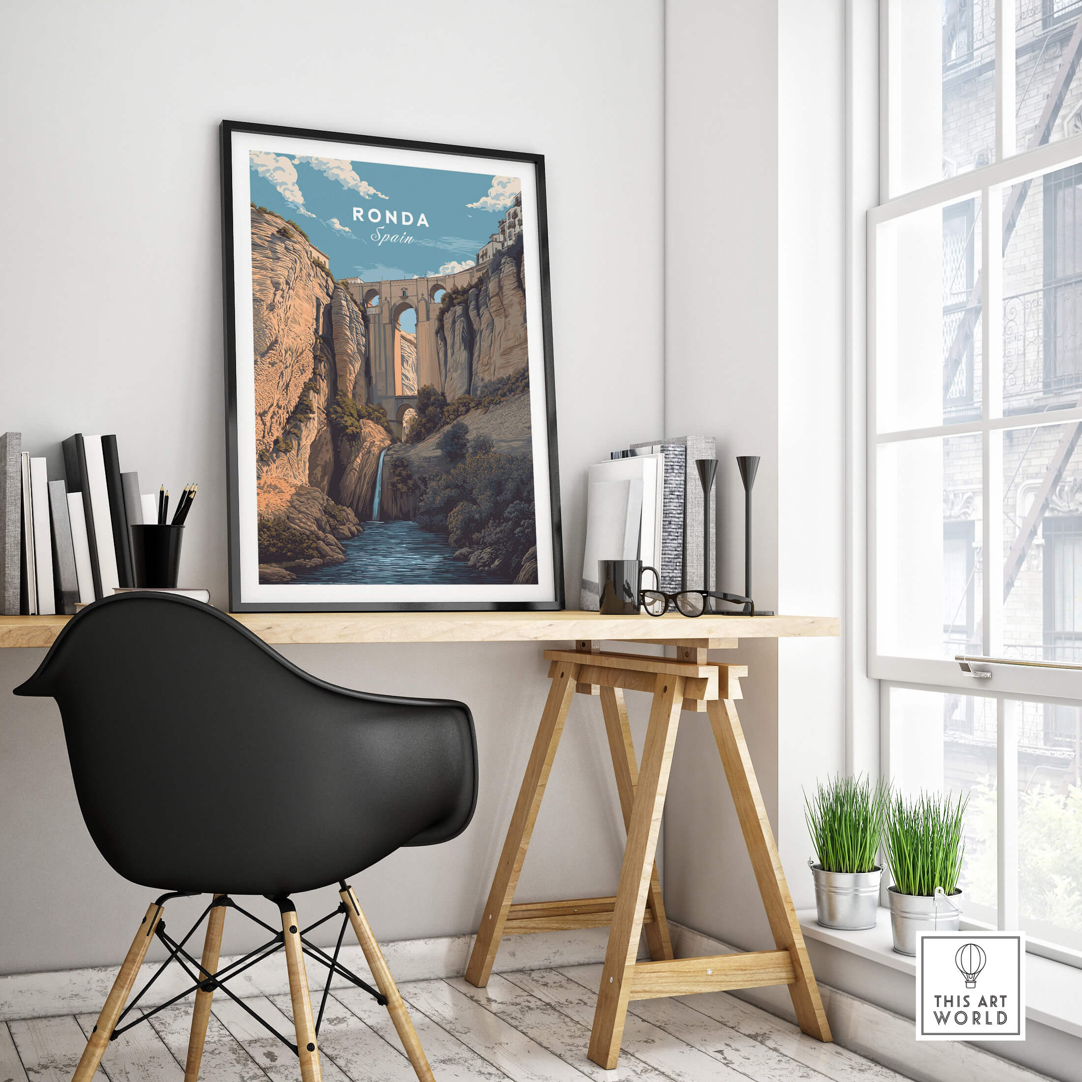 Ronda Spain Wall Art Print | Puente Nuevo Gorge Waterfall Travel Poster displayed in a stylish home office setting.