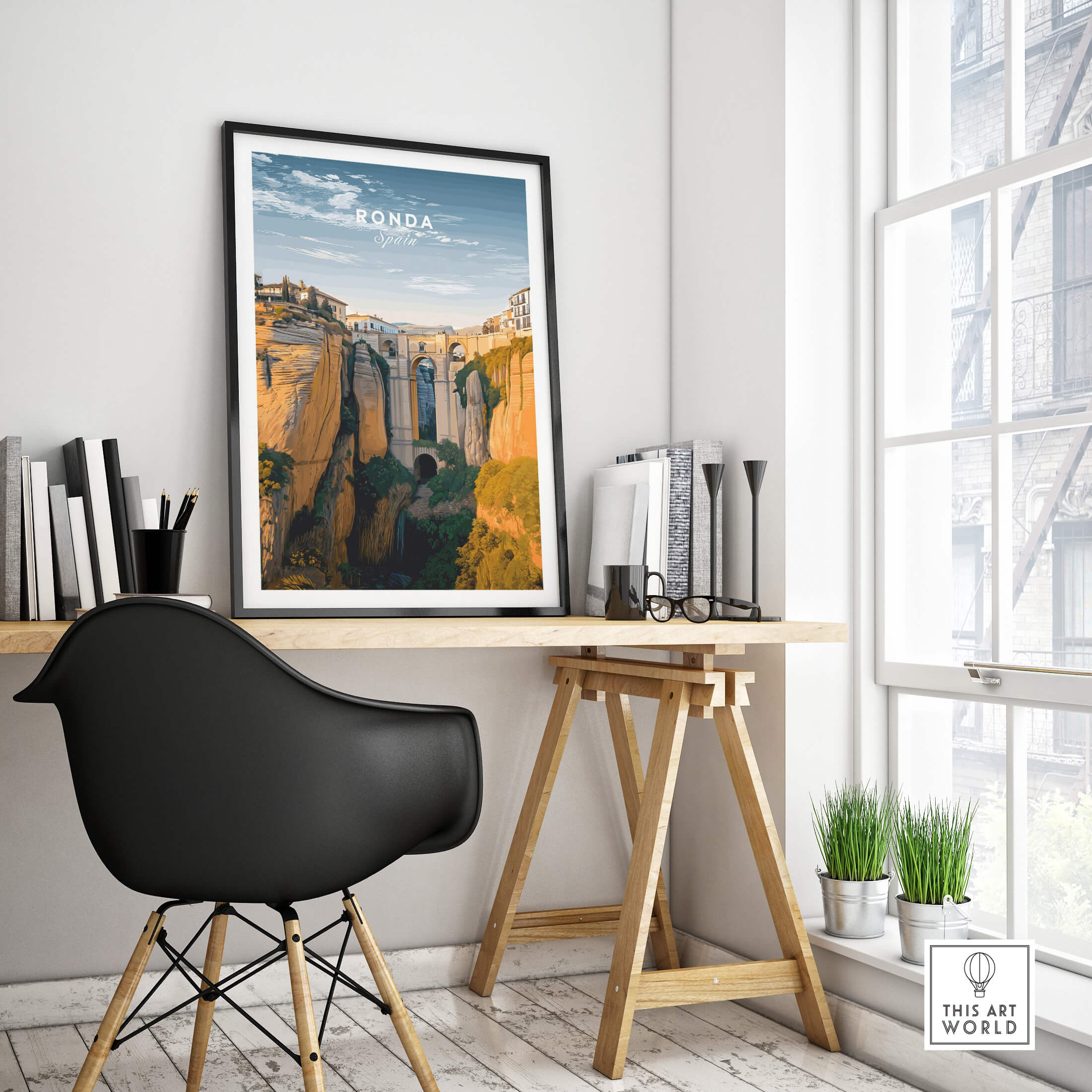 Ronda Spain Wall Art Print | Historic White Village Cliffside Travel Poster in a stylish workspace setting.