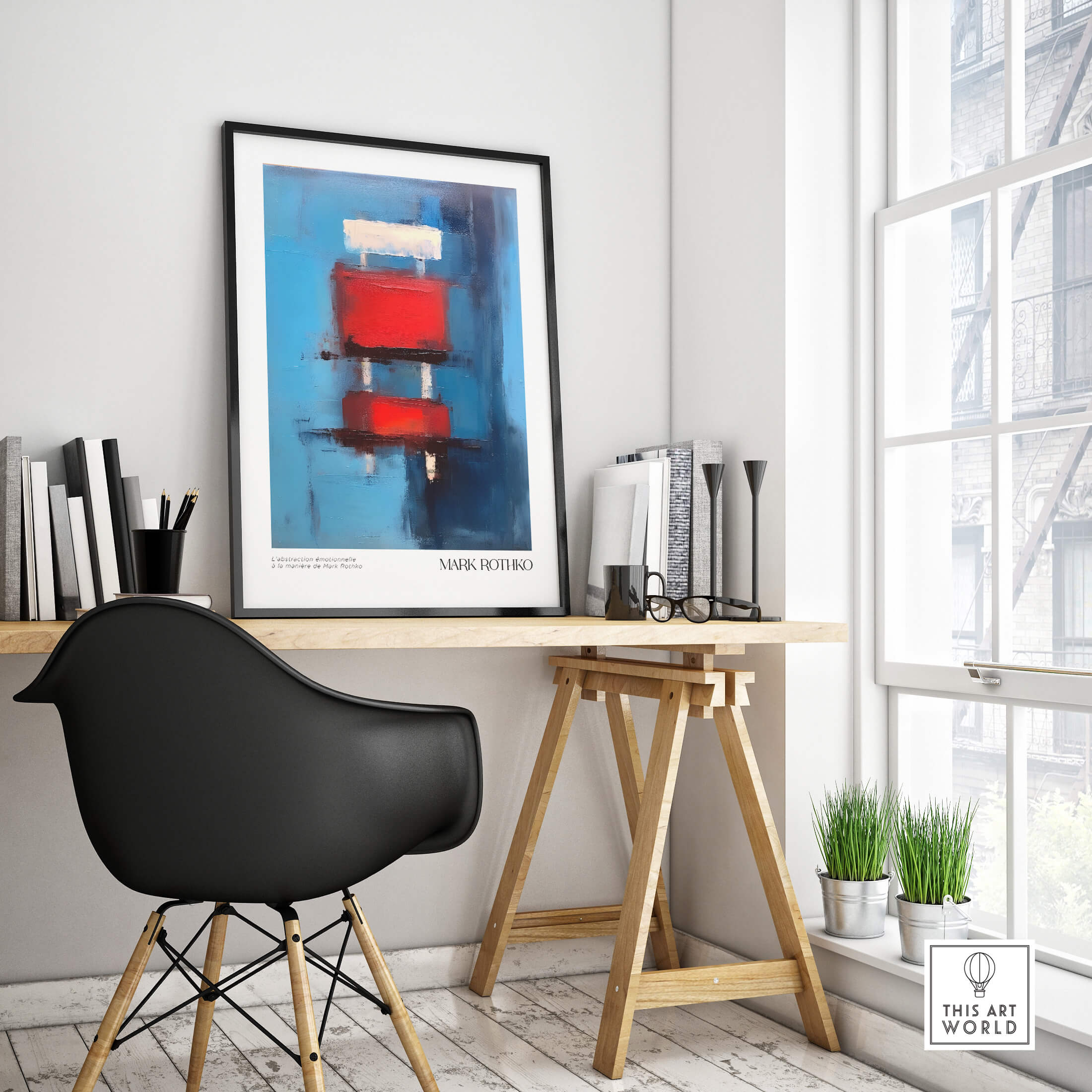 Rothko Inspired Abstract Red Blocks Art Print | Blue Background Wall Decor displayed in modern workspace setting.