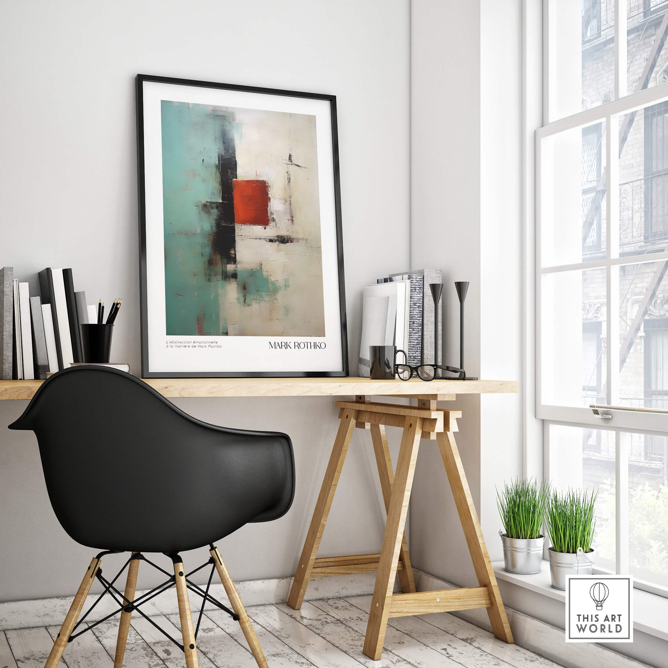 Rothko Inspired Abstract Red and Mint Art Print | Mid-Century Modern Wall Decor displayed in a stylish office.