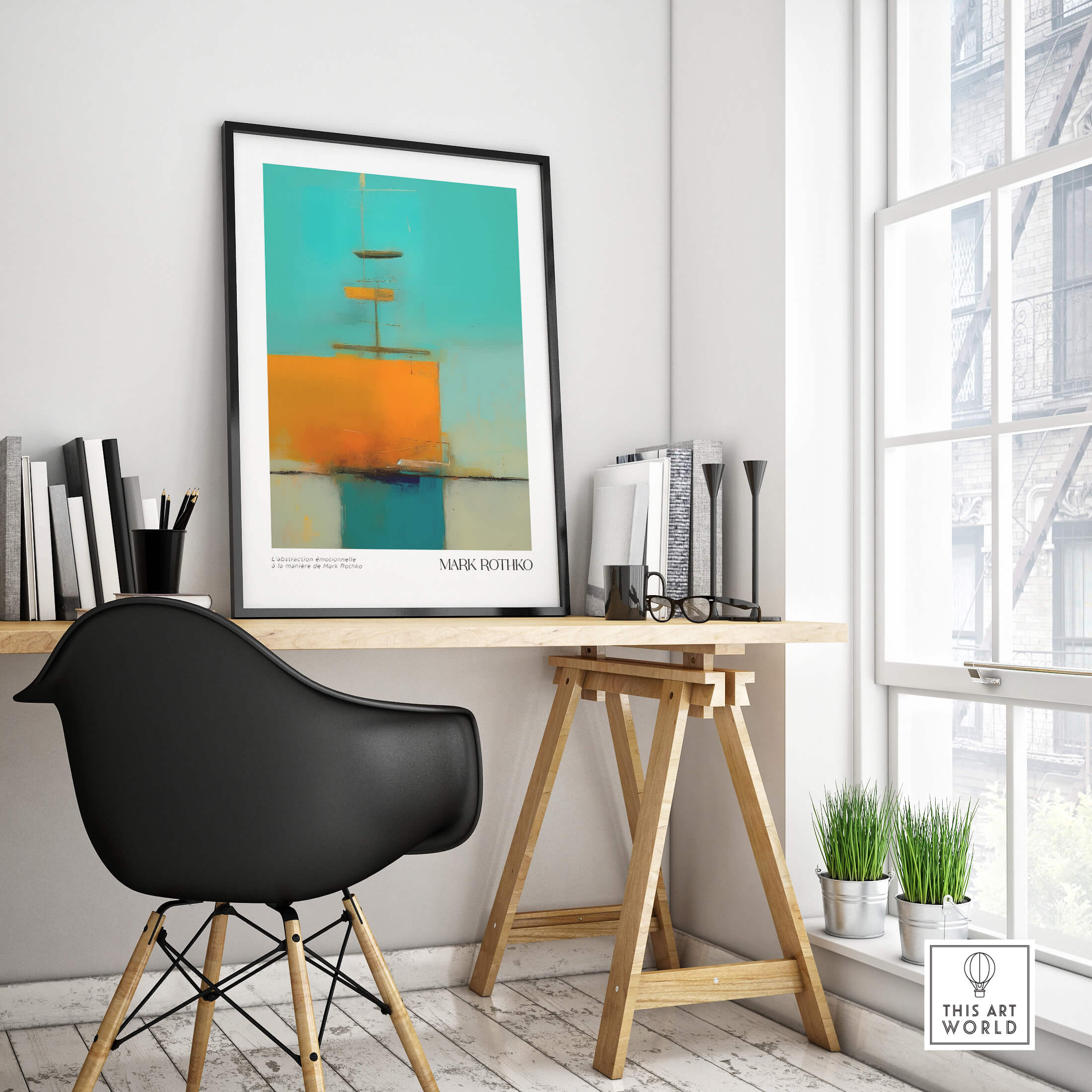 Rothko Inspired Abstract Turquoise Orange Art Print | Minimalist Wall Decor in a stylish modern interior setting.