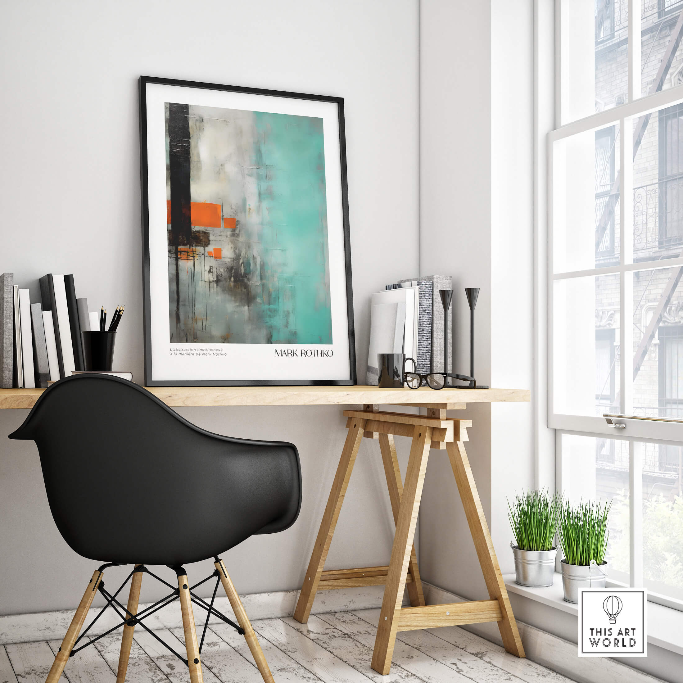 Rothko Inspired Abstract Mint and Orange Art Print | Expressionist Style Wall Decor showcased in a modern workspace.