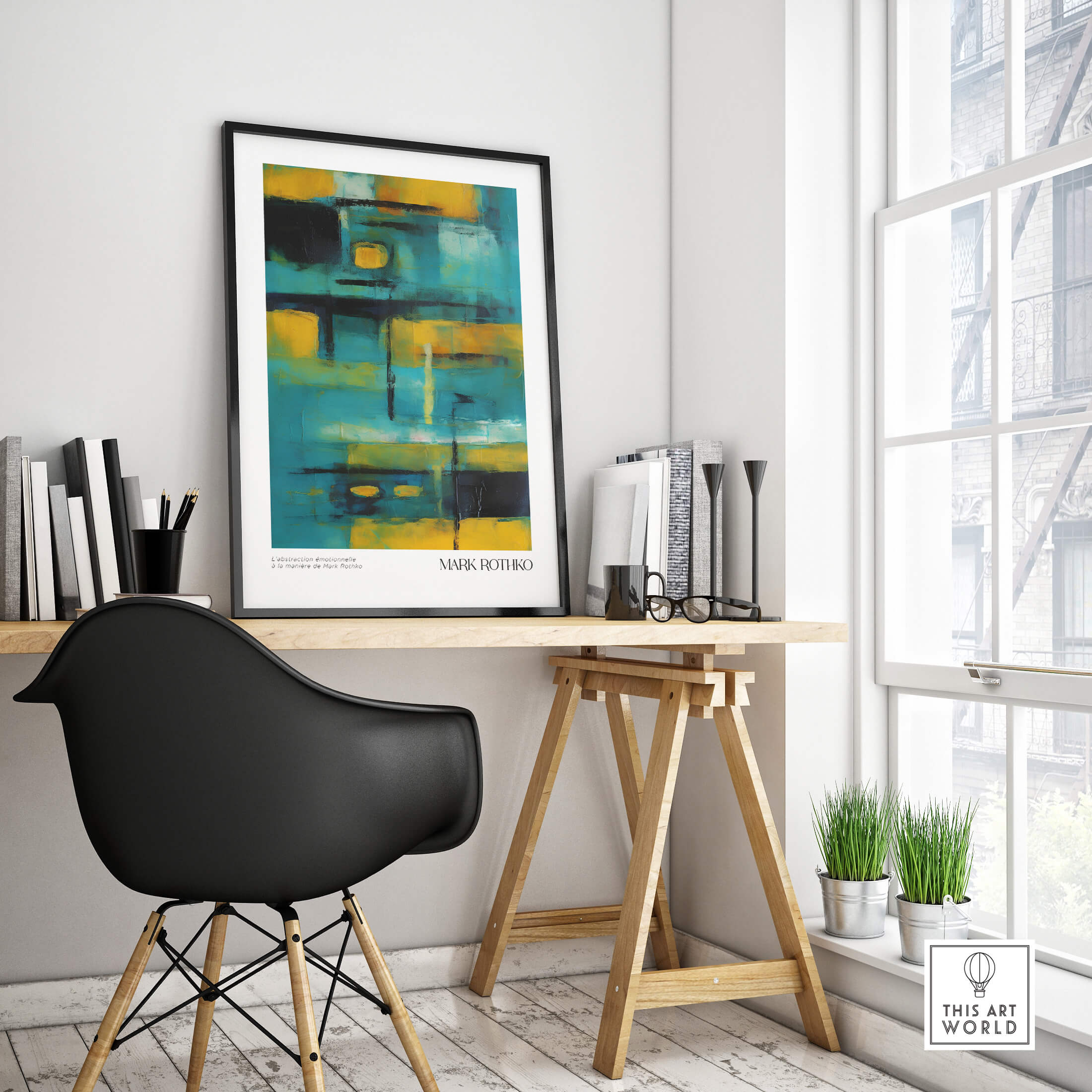 Rothko Inspired Abstract Yellow and Teal Art Print | Modern Poster displayed in modern workspace with stylish desk and chair.
