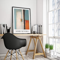 Rothko Inspired Abstract Teal and Orange Art Print | Minimalist Canvas Poster displayed in modern workspace.