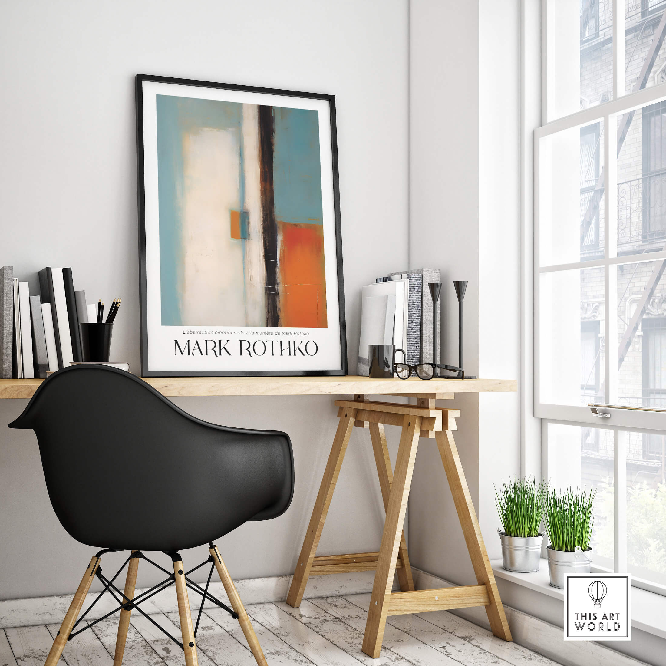 Rothko Inspired Abstract Teal and Orange Art Print | Minimalist Canvas Poster displayed in modern workspace.