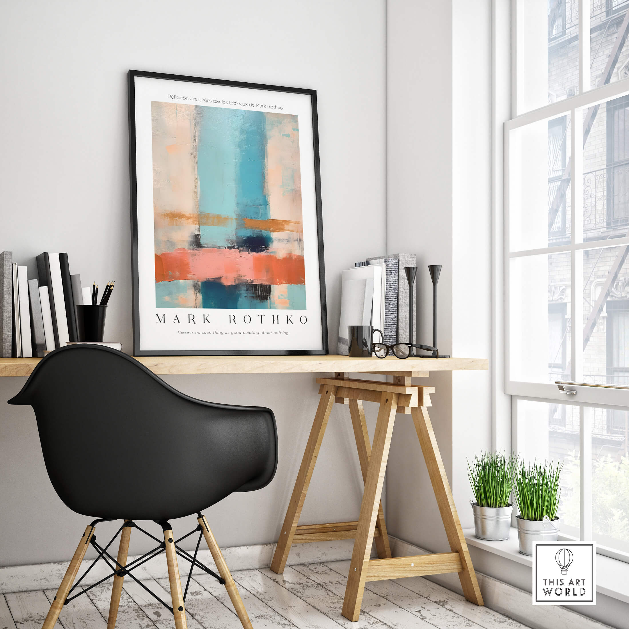 Rothko Inspired Abstract Pastel Color Art Print | Minimalist Vertical Blocks Poster displayed in a modern workspace.