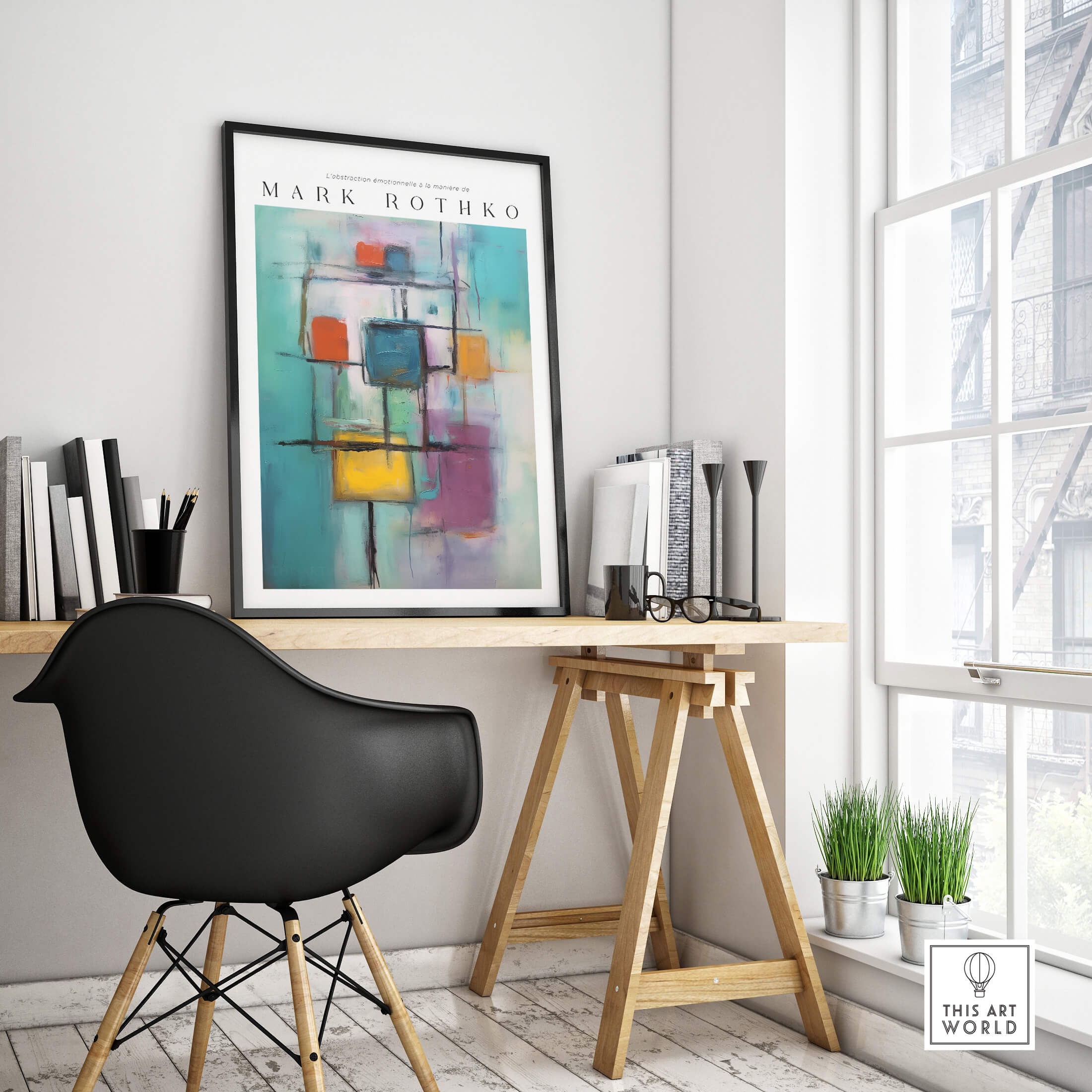 Rothko Style Floating Blocks Painting Print | Modern Abstract Canvas Wall Decor in a stylish workspace setting.