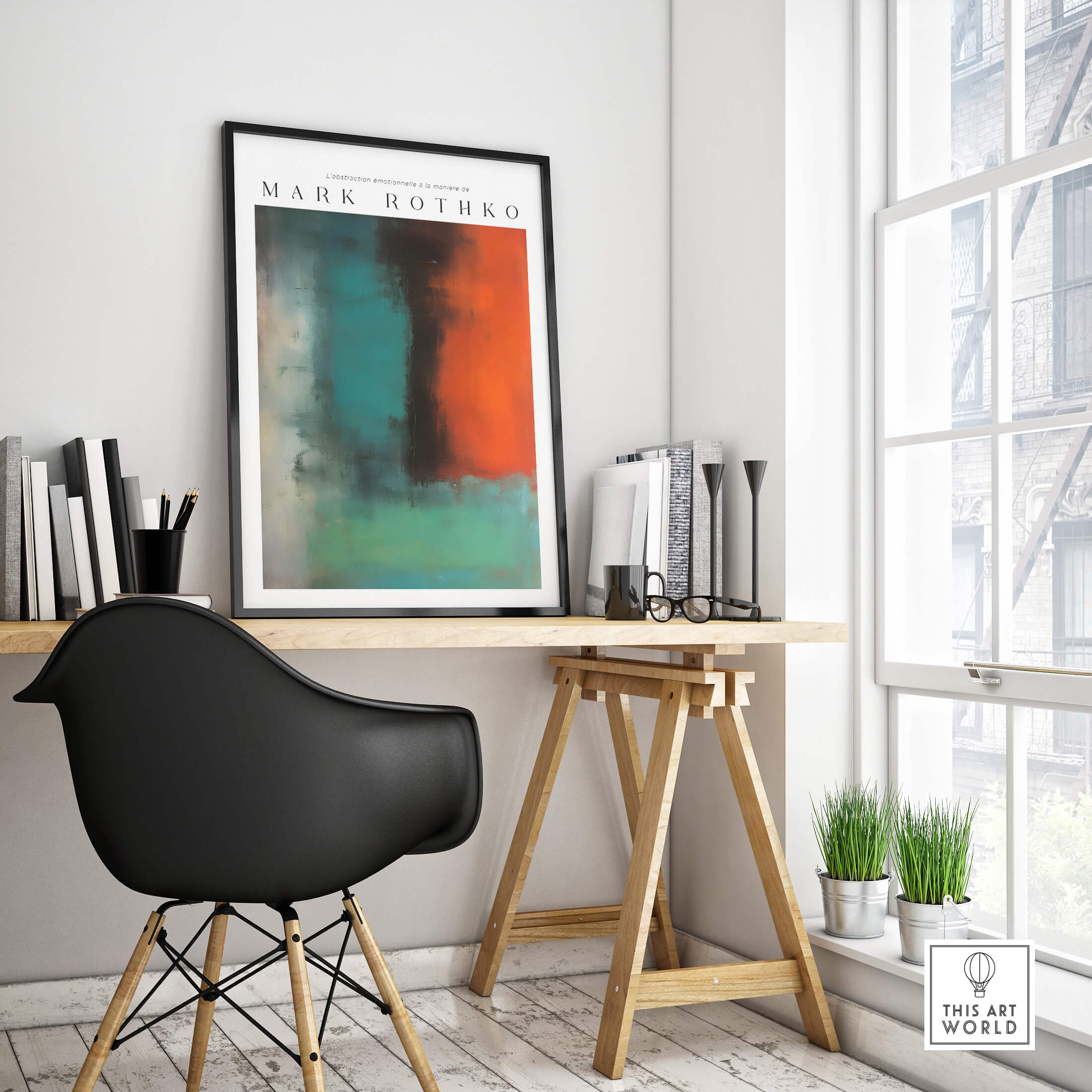 Mark Rothko Style Modern Canvas Abstraction Painting | Contemporary Wall Art displayed in a stylish home office.