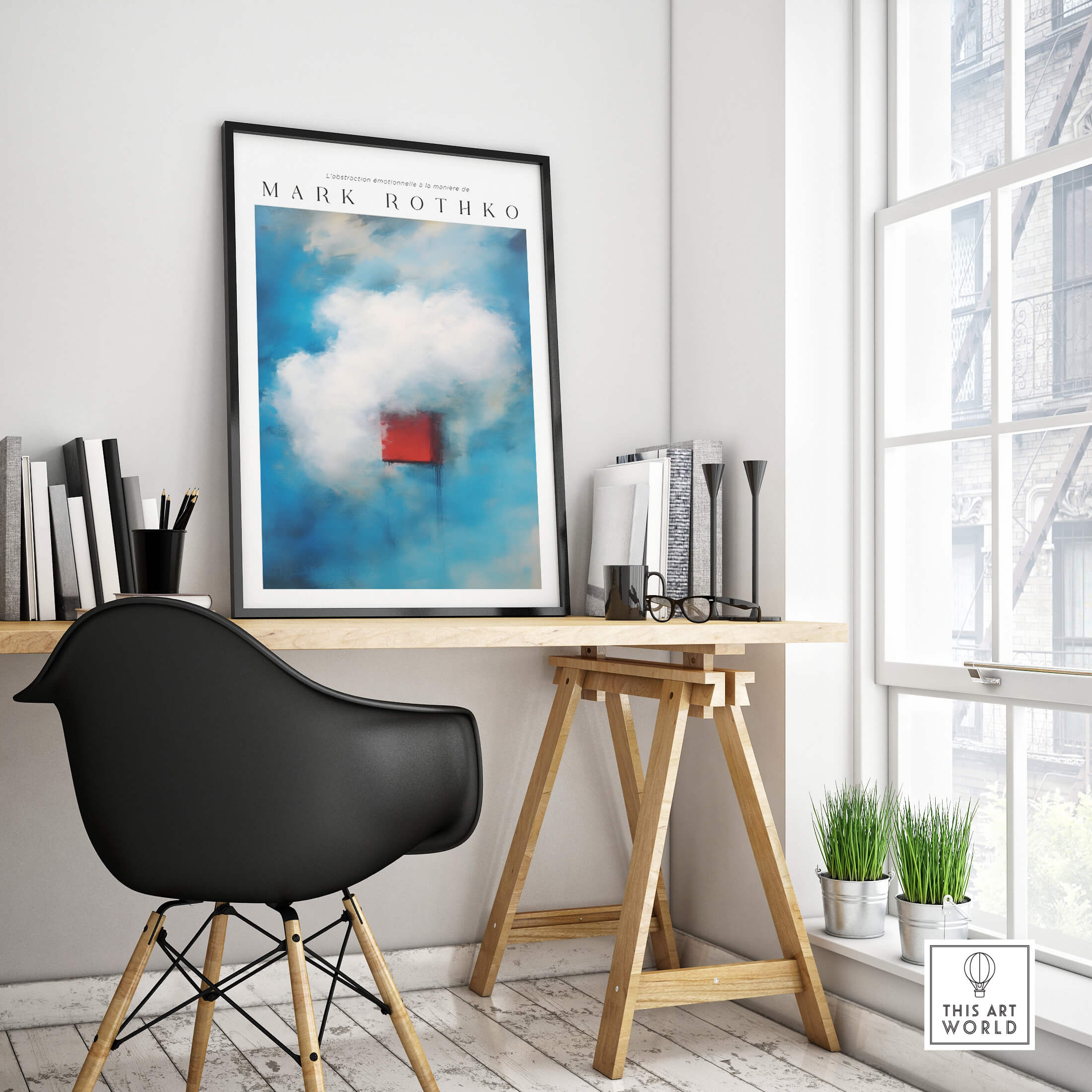 Rothko Style Minimalist Cloud Painting Print | Modern Abstract Wall Decor framed on a wall in a stylish workspace.