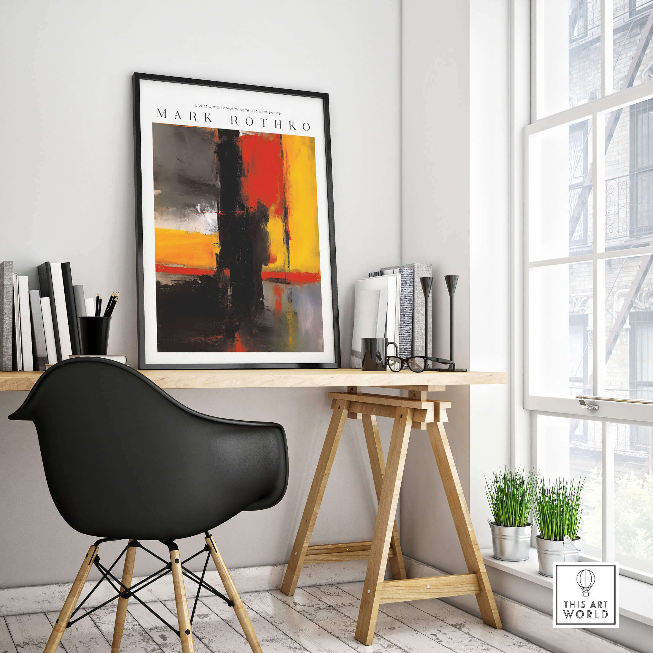 Mark Rothko Style Bold Black and Yellow Abstract Canvas Art Print displayed in a modern workspace.