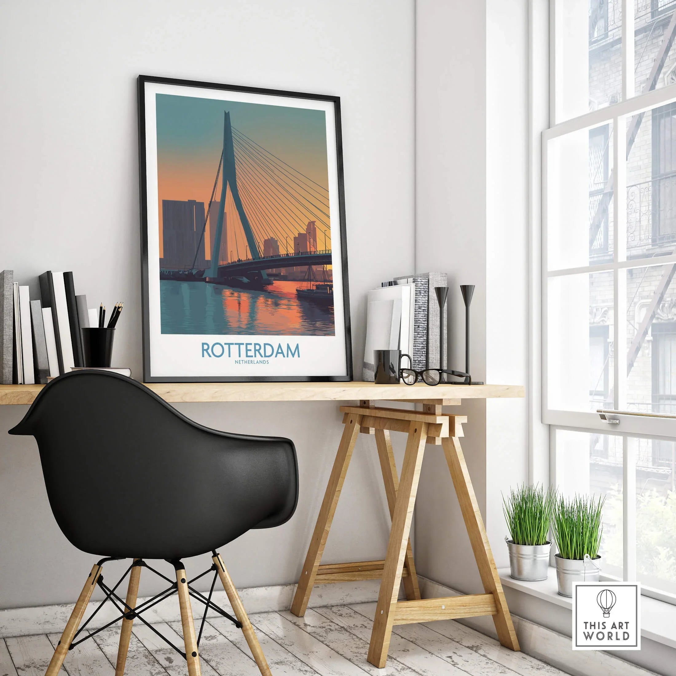 Rotterdam skyline poster with black frame on modern office desk, city wall art decor