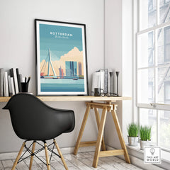 Modern Rotterdam city skyline art print in black frame on minimalist office desk