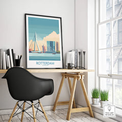 Framed Rotterdam city skyline art print on modern office desk with black chair