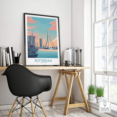 Modern office desk with framed Rotterdam travel poster, city skyline wall art decor