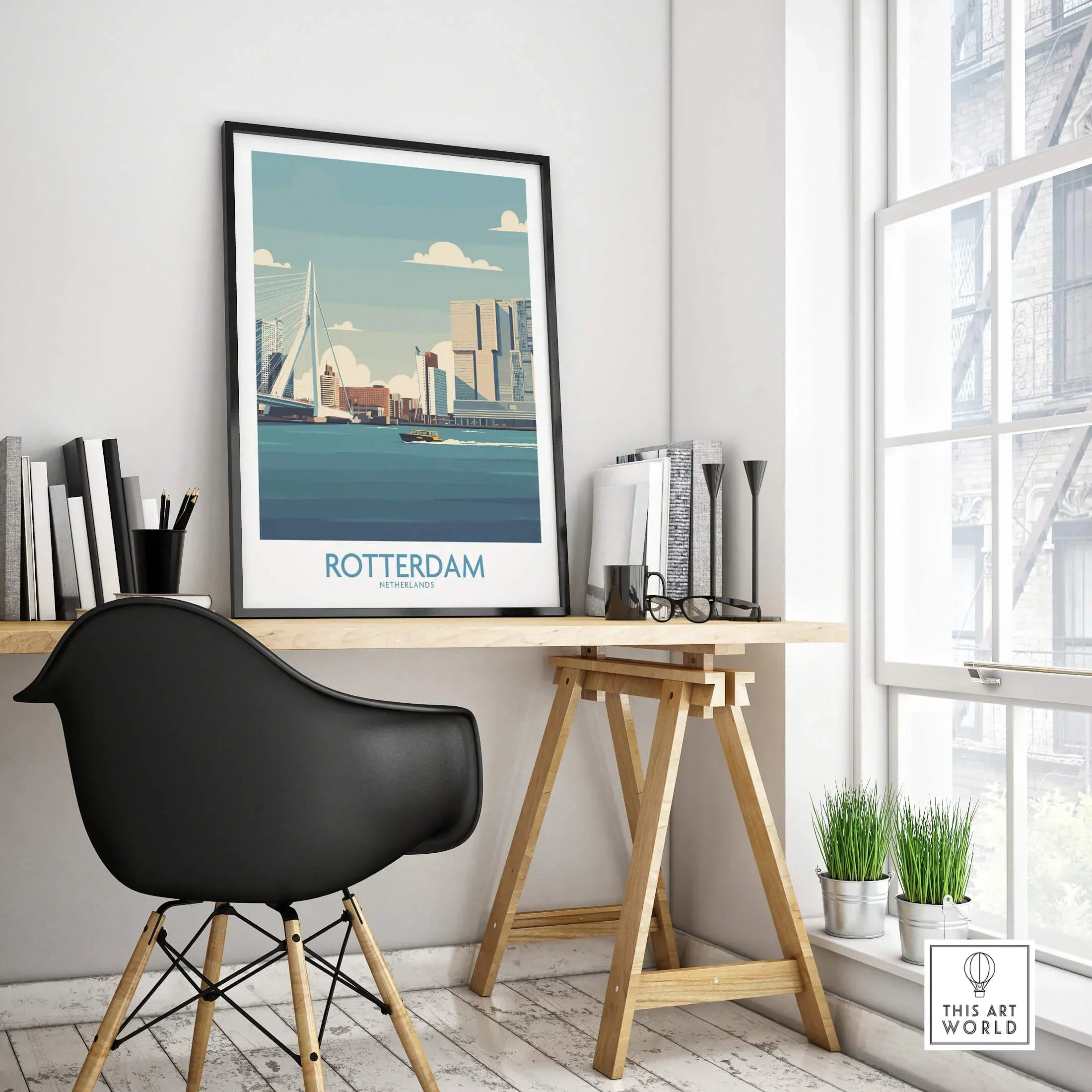 Rotterdam city skyline travel poster in black frame on modern office desk, minimalist decor