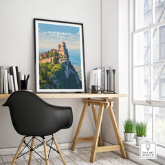 San Marino Wall Art Print | Mount Titano Citadel Travel Poster displayed in a modern workspace.