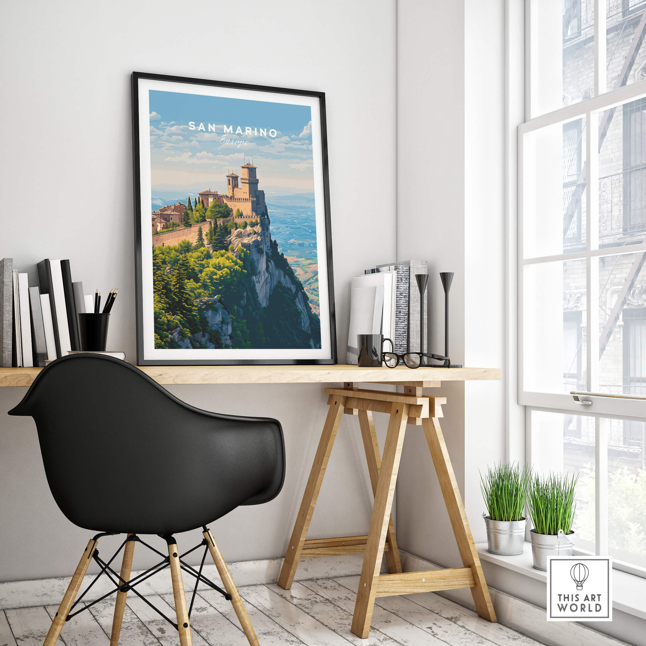 San Marino Wall Art Print | Mount Titano Citadel Travel Poster displayed in a modern workspace.